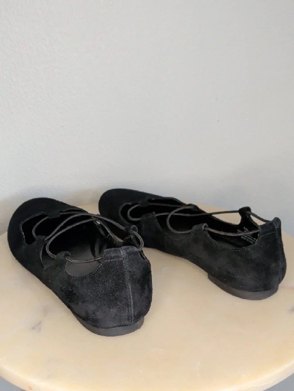 Ballet Flats - Black Suede - Stretchy No-Tie Lace Ups